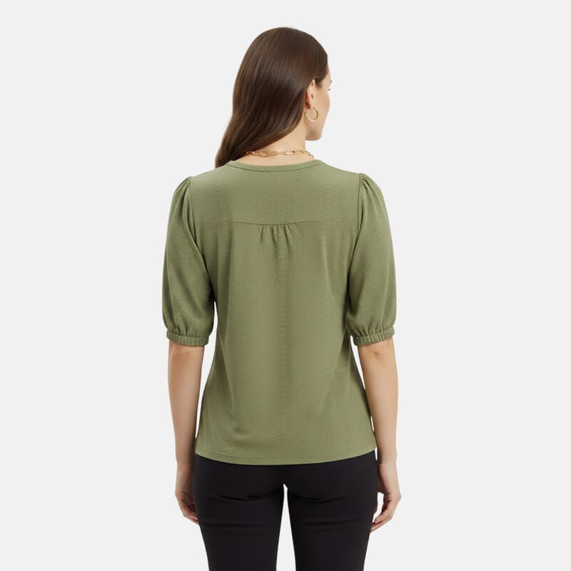Closeout Christopher & Banks Green Novelty Split Neck Ruffled Puff Sleeve Tee - Large