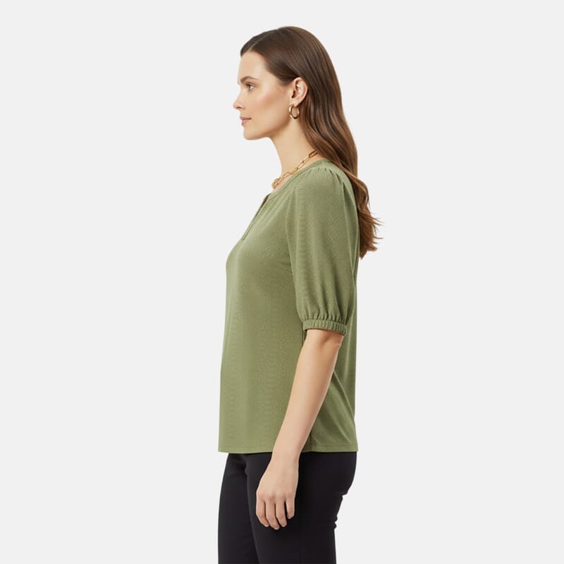 Closeout Christopher & Banks Green Novelty Split Neck Ruffled Puff Sleeve Tee - Large