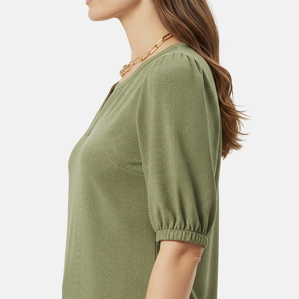 Closeout Christopher & Banks Green Novelty Split Neck Ruffled Puff Sleeve Tee - Large image number 4