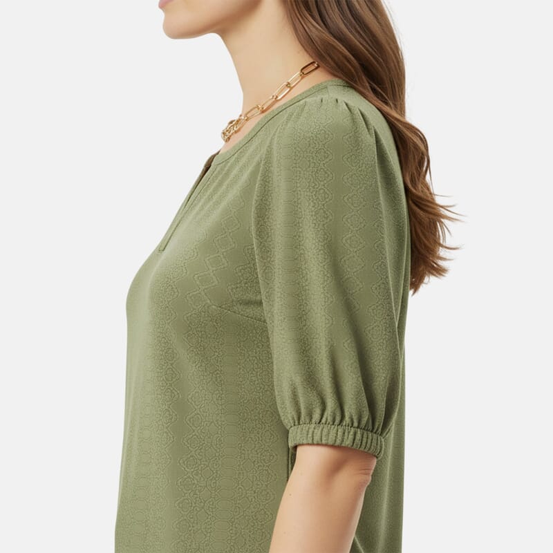 Closeout Christopher & Banks Green Novelty Split Neck Ruffled Puff Sleeve Tee - Large