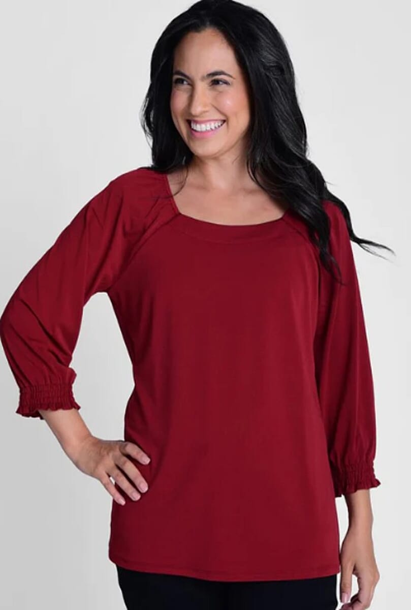 Closeout Christopher & Banks Burgundy Smocked Raglan Sleeve Square Neck Peasant Top - 1X image number 0
