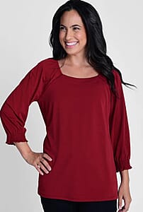 Closeout Christopher & Banks Burgundy Smocked Raglan Sleeve Square Neck Peasant Top - 1X