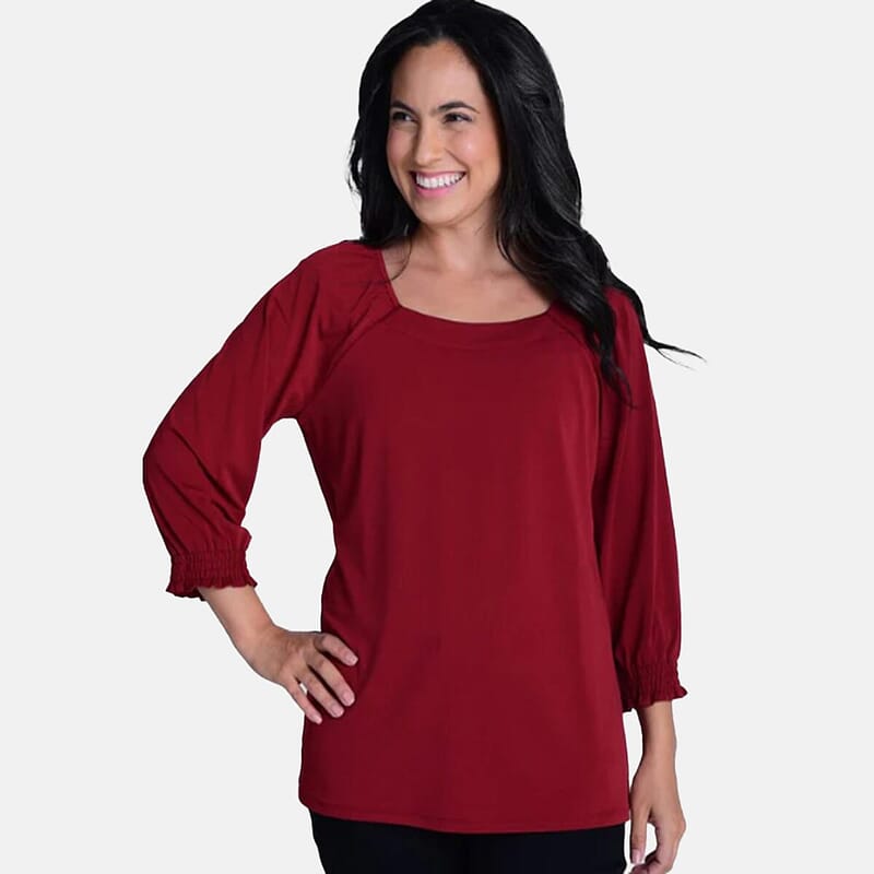 Closeout Christopher & Banks Burgundy Smocked Raglan Sleeve Square Neck Peasant Top - 1X