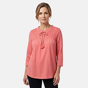 Closeout Christopher & Banks Pink Smocked Tie Neck 3/4 Sleeve Top - Medium