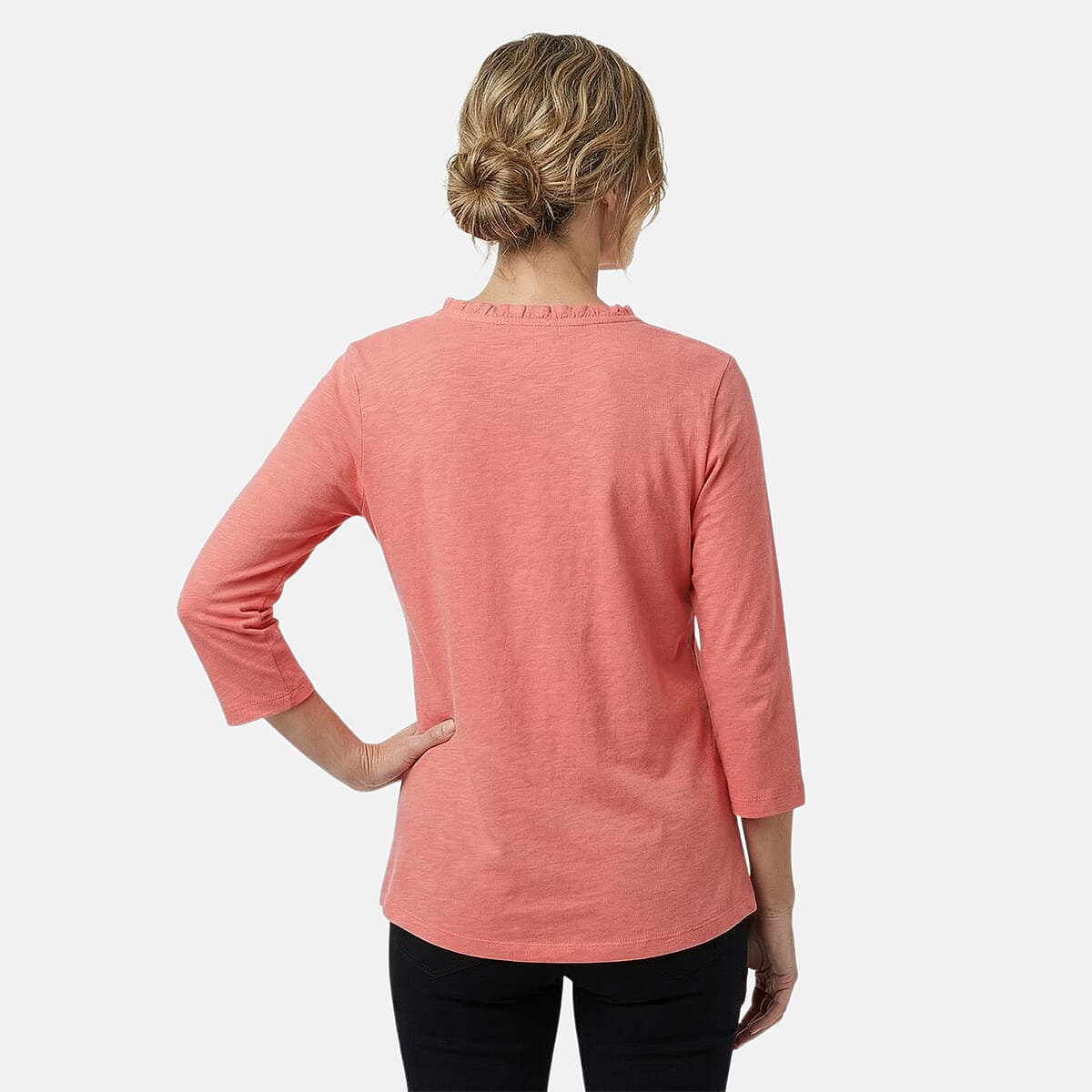 Closeout Christopher & Banks Pink Smocked Tie Neck 3/4 Sleeve Top - Medium image number 1