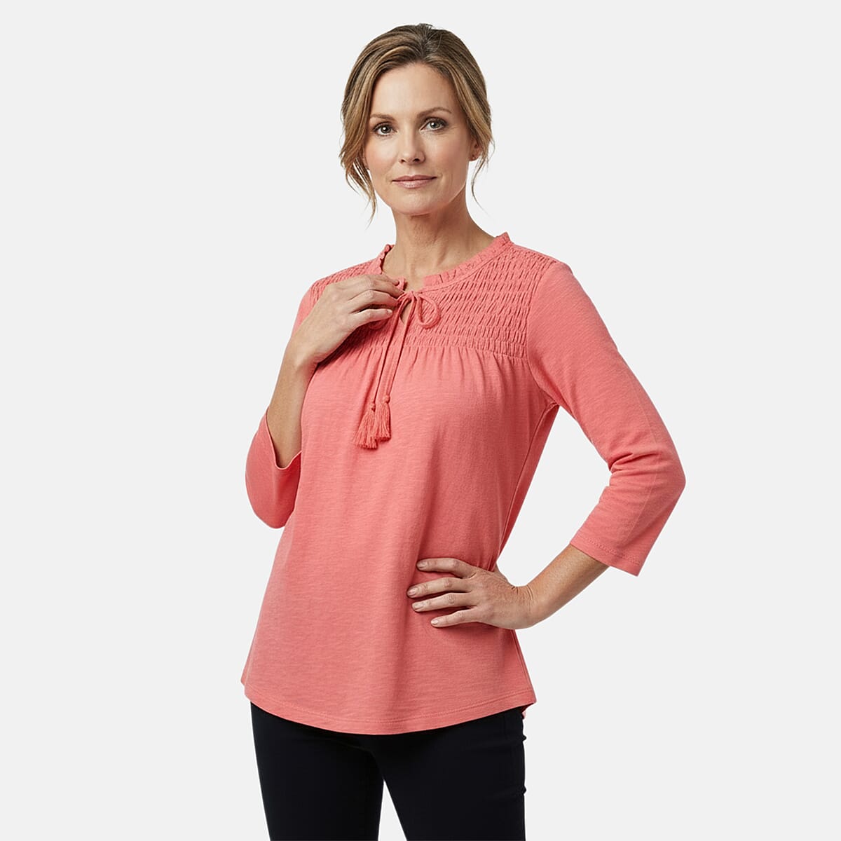 Closeout Christopher & Banks Pink Smocked Tie Neck 3/4 Sleeve Top - Medium image number 2