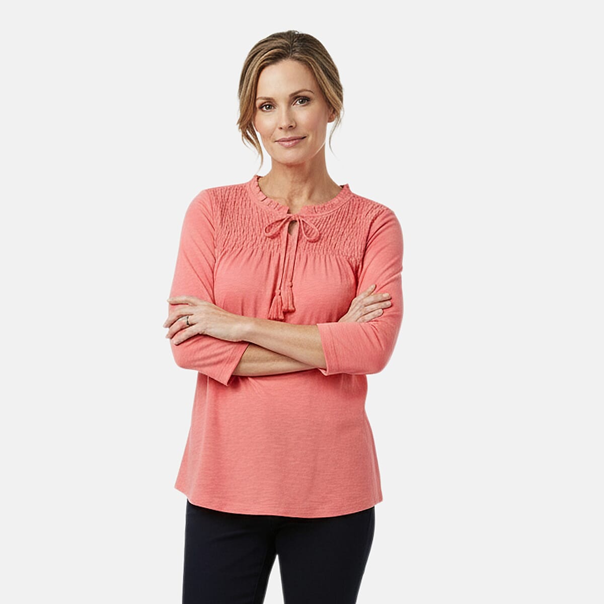 Closeout Christopher & Banks Pink Smocked Tie Neck 3/4 Sleeve Top - Medium image number 3