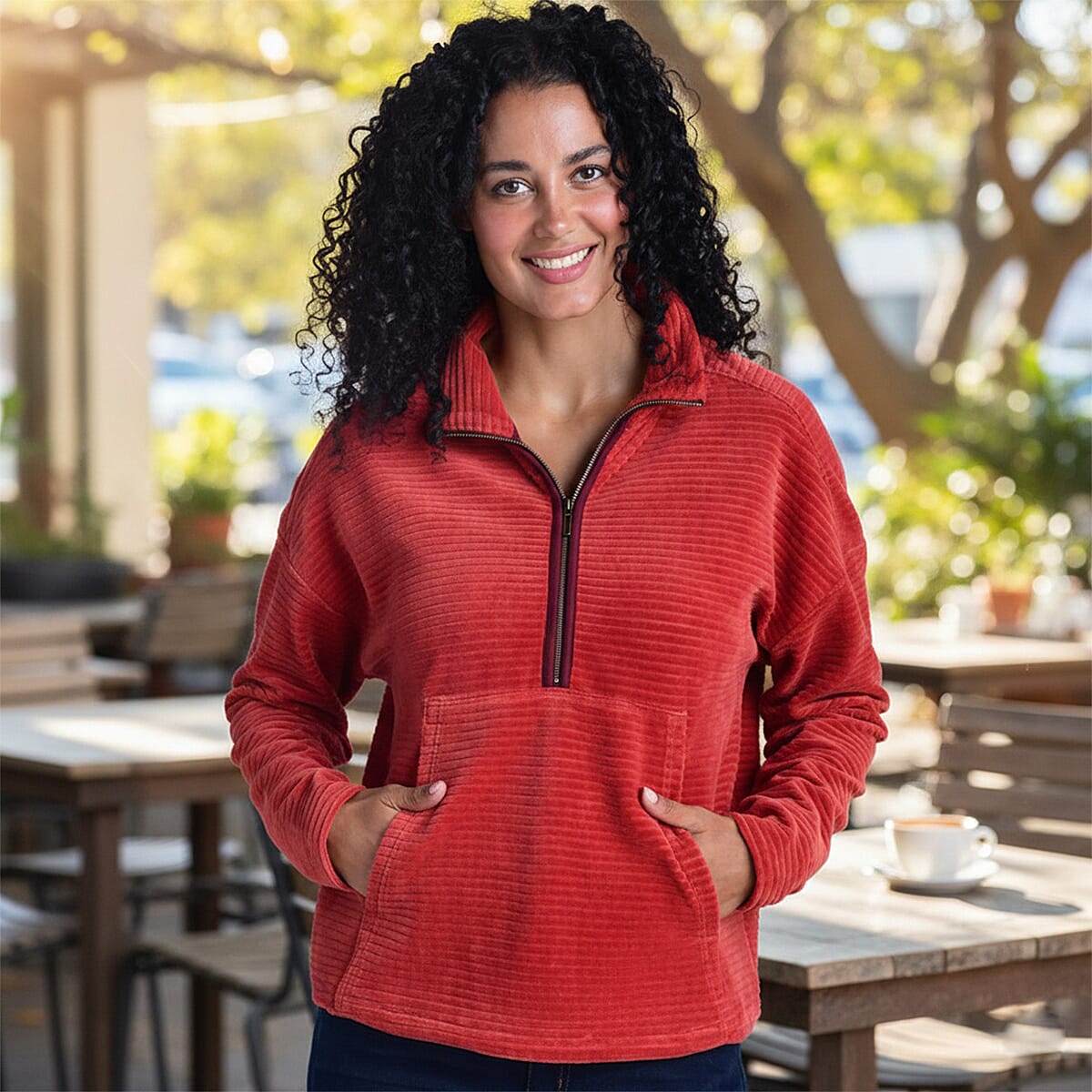 Closeout Christopher & Banks Red Knit Corduroy Half Zip Top - Large image number 1