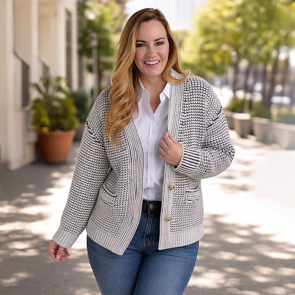 Closeout Christopher & Banks Black Textured Button Front Cardigan - 1X image number 1