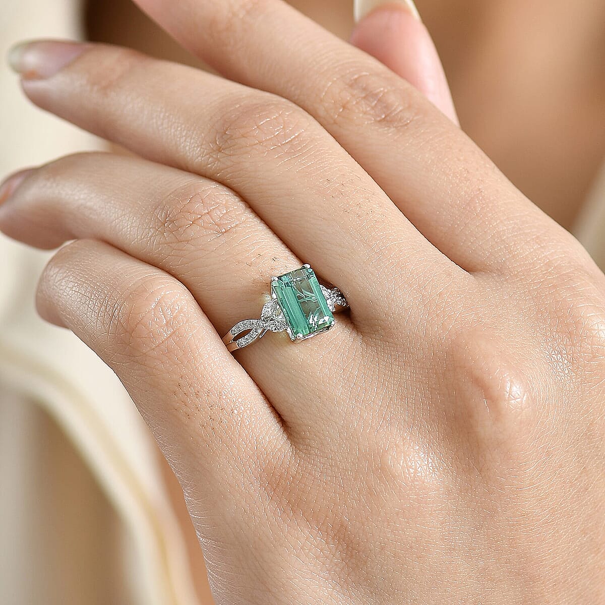 AAA Mint Tourmaline and Luxuriant Lab Grown Diamond E-F VS 2.65 ctw Ring in 10K White Gold (Size 6.5) image number 2