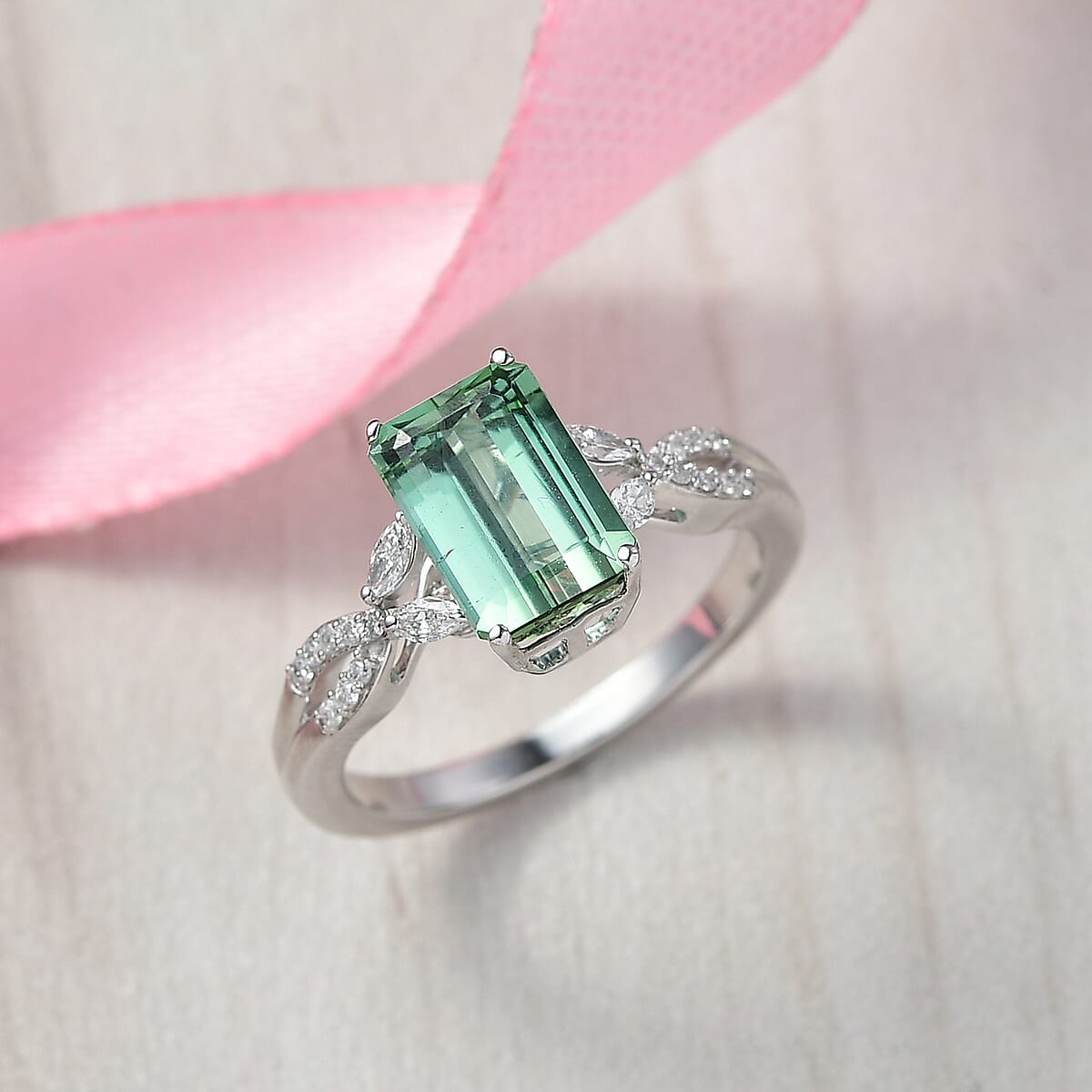 AAA Mint Tourmaline and Luxuriant Lab Grown Diamond E-F VS 2.65 ctw Ring in 10K White Gold (Size 7.0) image number 1
