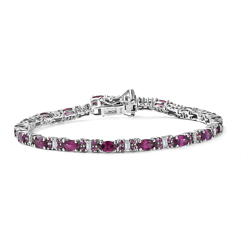 D'Joy Radiant Ember Garnet and Moissanite 6.50 ctw Eternal Line Radiance Bracelet in Rhodium Over Sterling Silver (6.50 In)