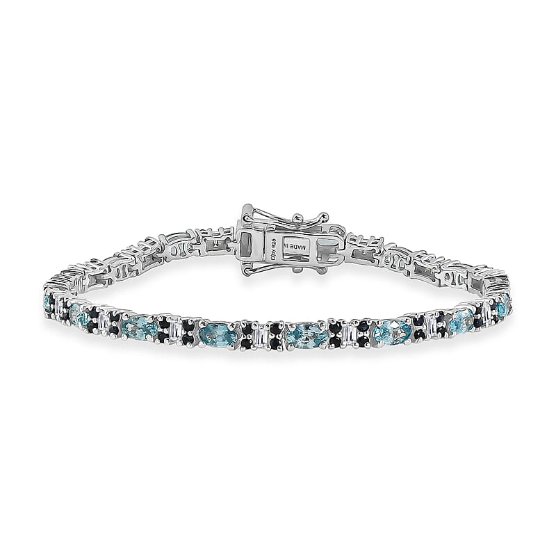 D'Joy Cambodian Blue Zircon and Multi Gemstone 7.40 ctw Eternal Line Radiance Bracelet in Rhodium Over Sterling Silver (6.50 In)