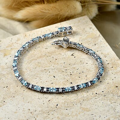 D'Joy Cambodian Blue Zircon and Multi Gemstone 7.40 ctw Eternal Line Radiance Bracelet in Rhodium Over Sterling Silver (6.50 In)