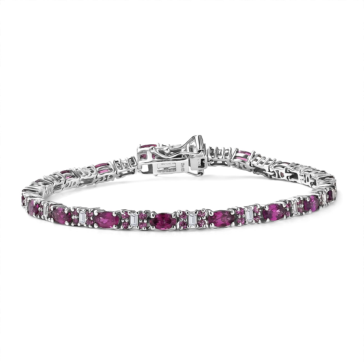 D'Joy Radiant Ember Garnet and Moissanite 7.35 ctw Eternal Line Radiance Bracelet in Rhodium Over Sterling Silver (7.25 In)