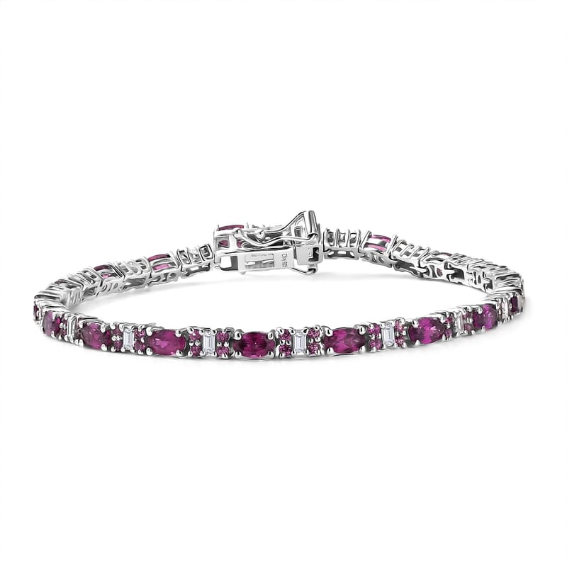 D'Joy Radiant Ember Garnet and Moissanite 7.35 ctw Eternal Line Radiance Bracelet in Rhodium Over Sterling Silver (7.25 In)