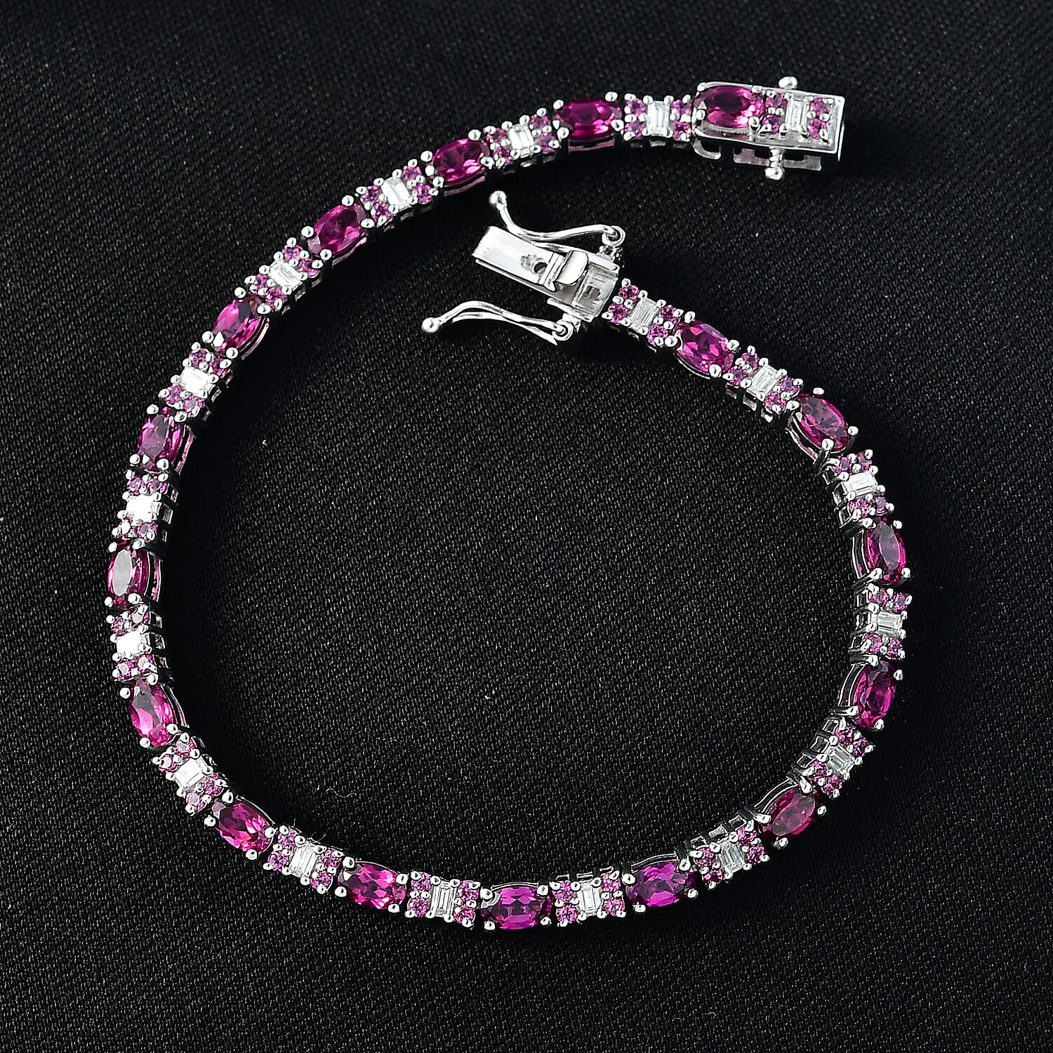 D'Joy Radiant Ember Garnet and Moissanite 7.35 ctw Eternal Line Radiance Bracelet in Rhodium Over Sterling Silver (7.25 In)