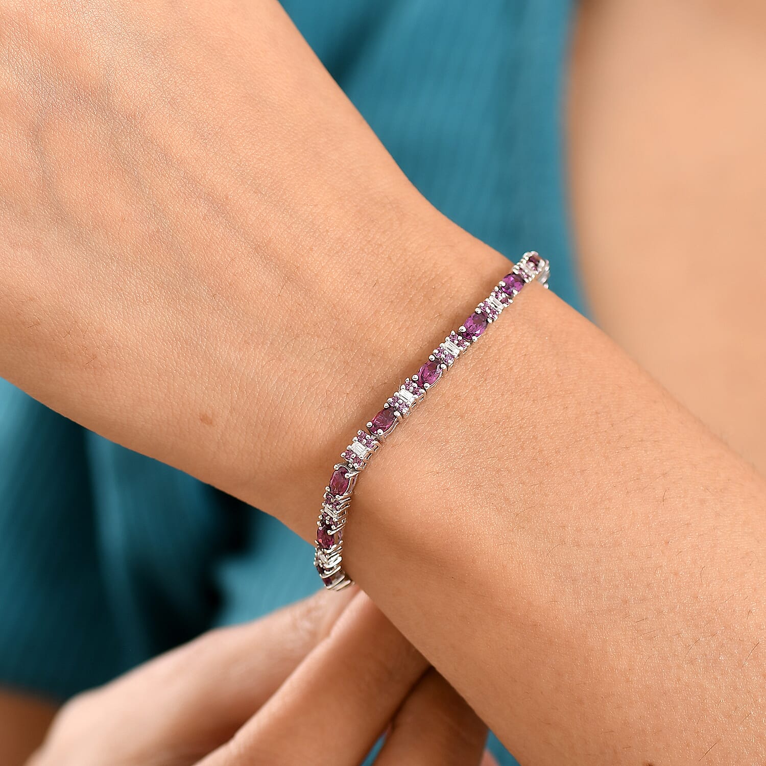 D'Joy Radiant Ember Garnet and Moissanite 7.35 ctw Eternal Line Radiance Bracelet in Rhodium Over Sterling Silver (7.25 In)