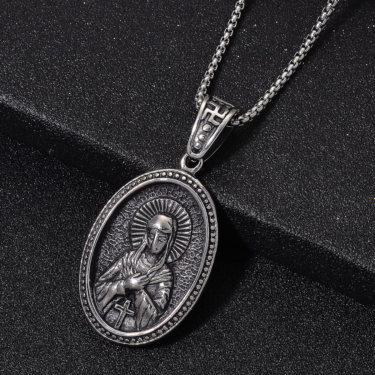 Sacred Figure Engraved Oval Pendant Necklace (23.5 Inches) in Stainless Steel image number 1
