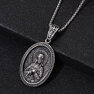 Sacred Figure Engraved Oval Pendant Necklace (23.5 Inches) in Stainless Steel