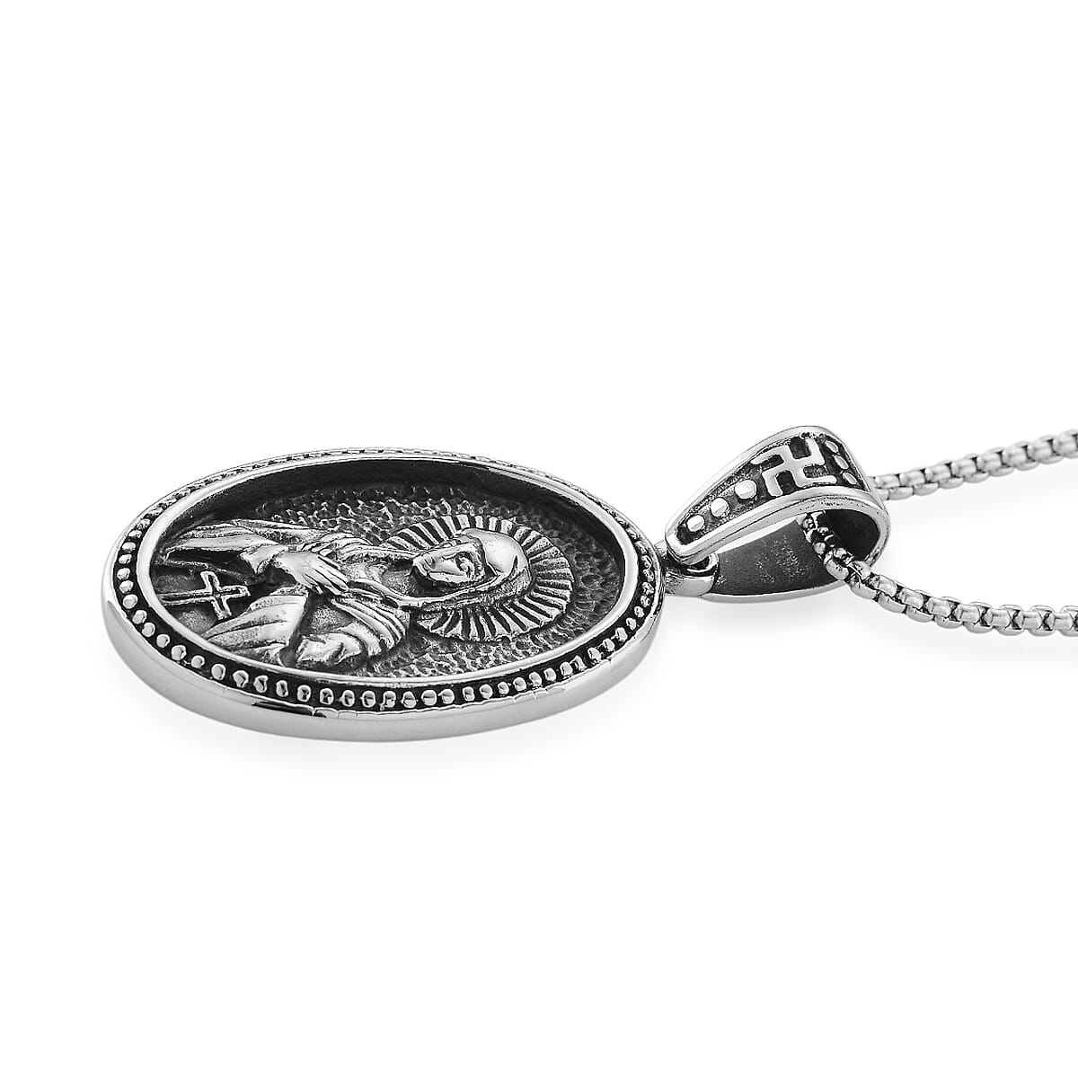 Sacred Figure Engraved Oval Pendant Necklace (23.5 Inches) in Stainless Steel image number 3