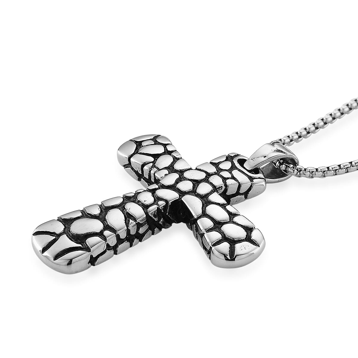 Pebble Surface Cross Pendant Necklace in Stainless Steel 23.5 Inches image number 3