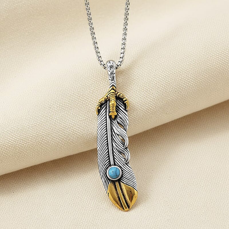 Blue Howlite 0.30 ctw Feather Necklace in ION Plated YG and Stainless Steel 23.5 Inches