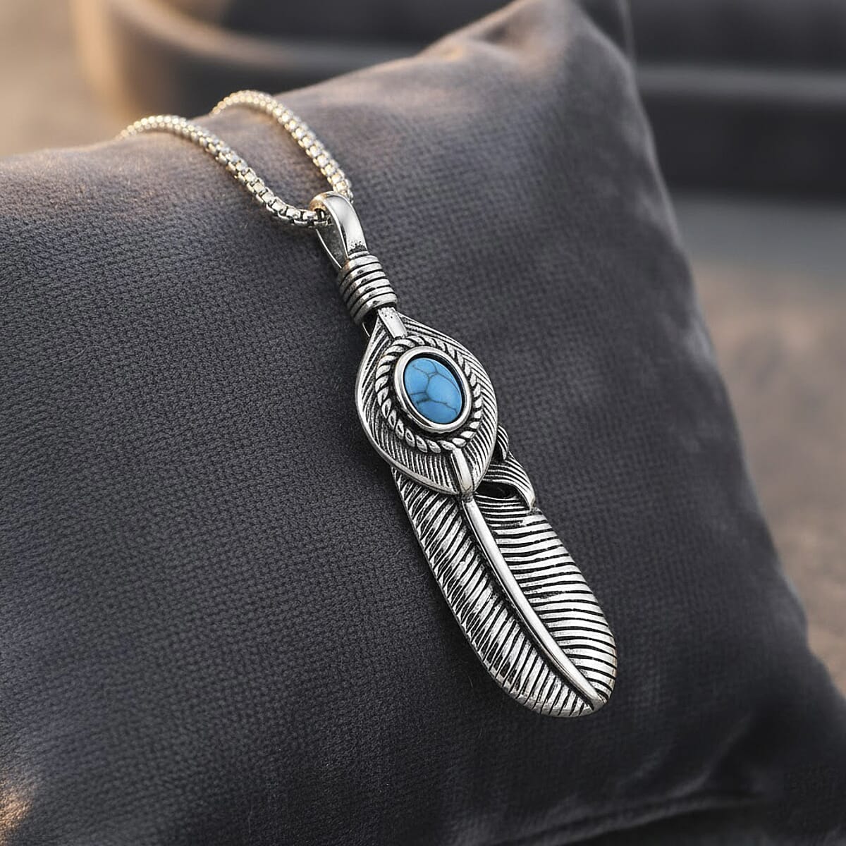Blue Howlite 0.50 ctw Feather Necklace in Stainless Steel 23.5 Inches image number 1