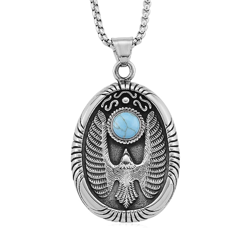 Blue Howlite 0.50 ctw Winged Scarab Necklace in Stainless Steel 23.5 Inches