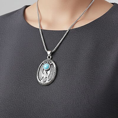 Blue Howlite 0.50 ctw Winged Scarab Necklace in Stainless Steel 23.5 Inches