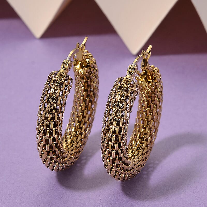 Chainlink Mesh Hoop Earrings in ION Plated YG Stainless Steel