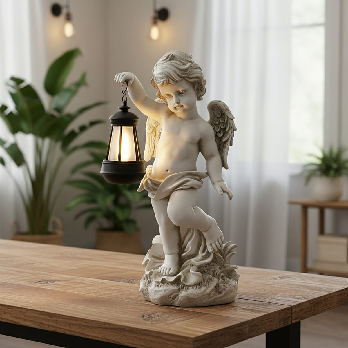 Livmore White Polyresin Angel Figurine with Lantern (6.50x7.28x15.35) image number 3