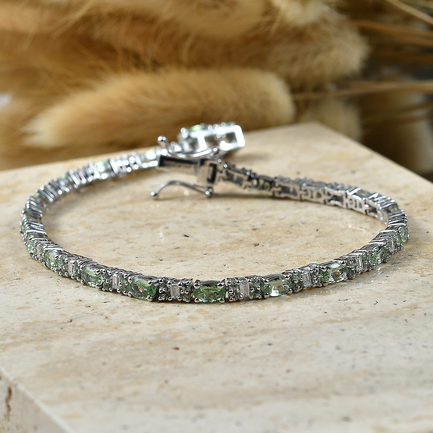 D'Joy Tsavorite Garnet and Moissanite 5.60 ctw Eternal Line Radiance Bracelet in Rhodium Over Sterling Silver (6.50 In)