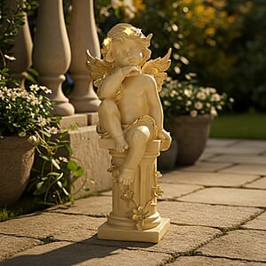 Livmore White Polyresin Seated Angel Figurine with Light (2xAA Battery not Included)