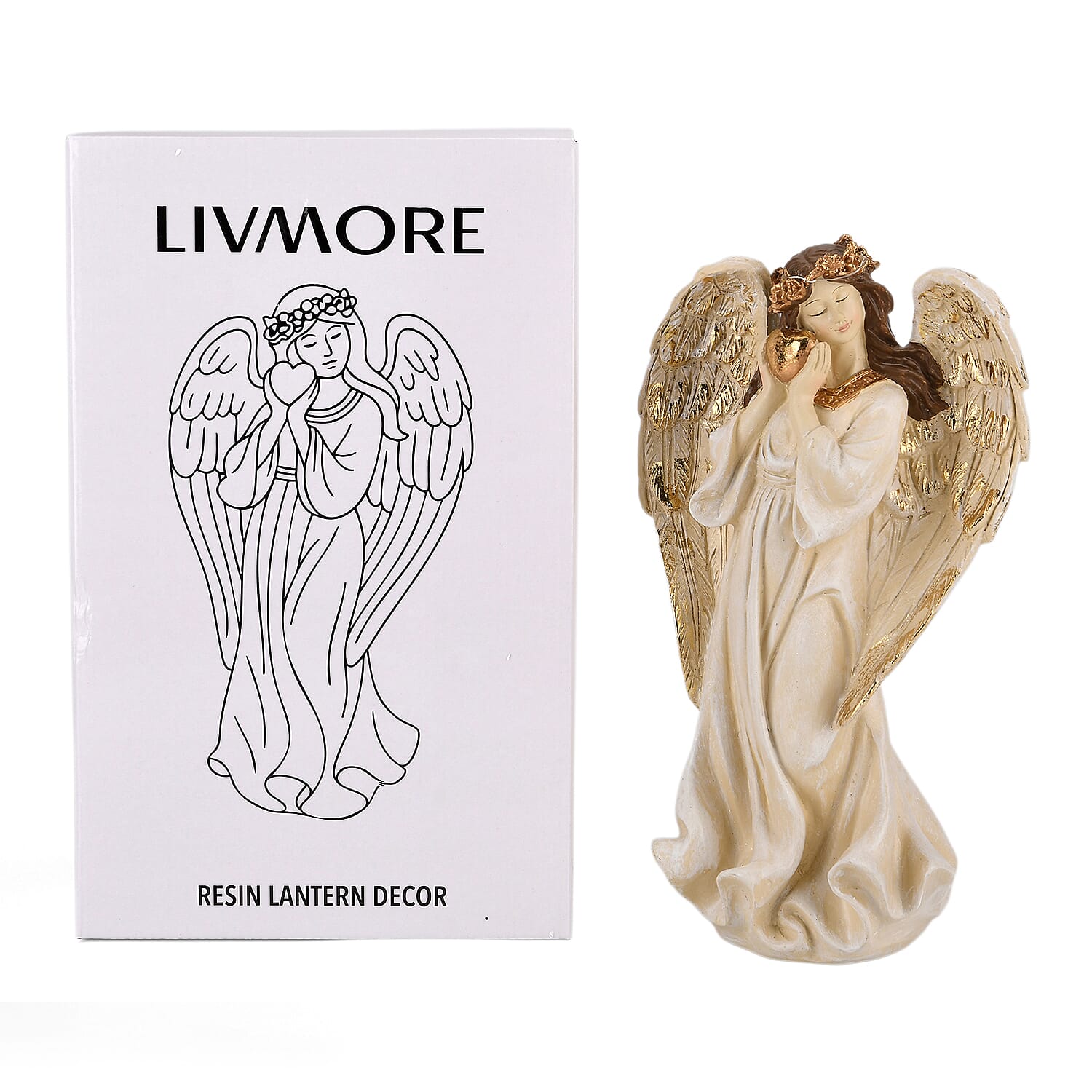 Livmore White Polyresin Angel Holding Heart Figurine with Light (2xAAA Battery not Included)
