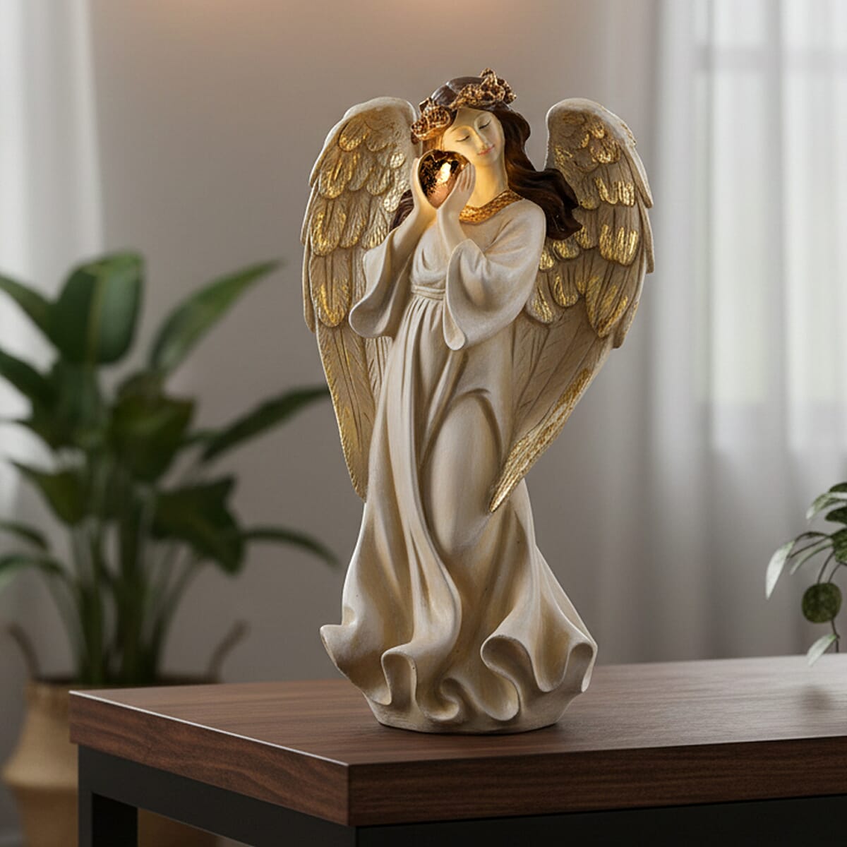 Livmore White Polyresin Angel Holding Heart Figurine with Light (2xAAA Battery not Included) image number 3