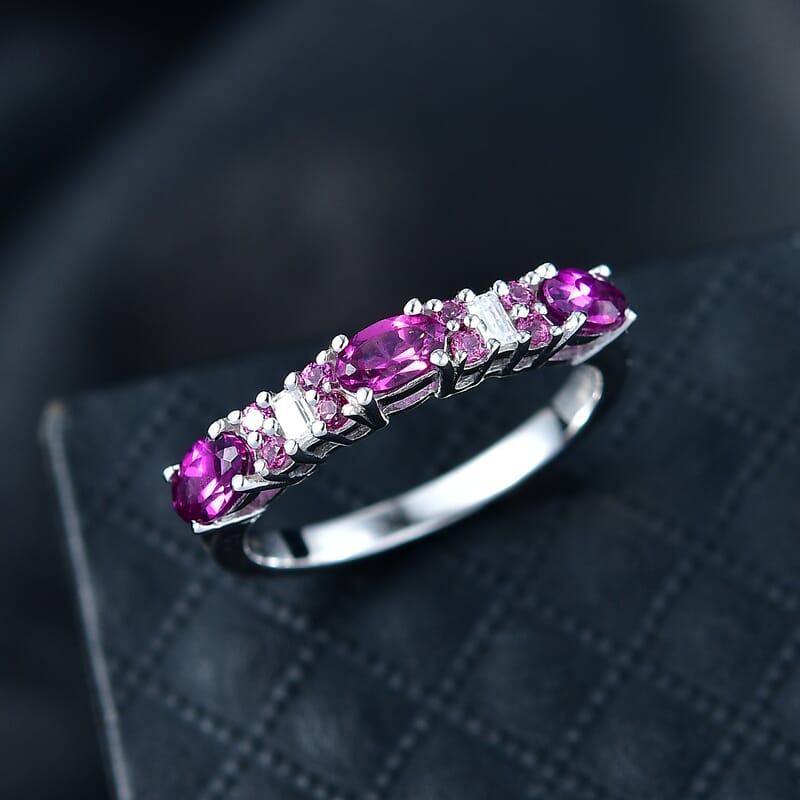 D'Joy Radiant Ember Garnet and Moissanite 1.30 ctw Eternal Line Radiance Ring in Rhodium Over Sterling Silver (Size 6.0)