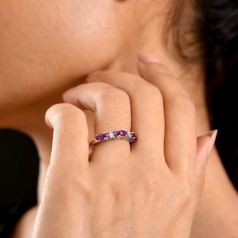 D'Joy Radiant Ember Garnet and Moissanite 1.30 ctw Eternal Line Radiance Ring in Rhodium Over Sterling Silver (Size 6.0)