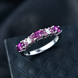 D'Joy Radiant Ember Garnet and Moissanite 1.30 ctw Eternal Line Radiance Ring in Rhodium Over Sterling Silver (Size 7.0)