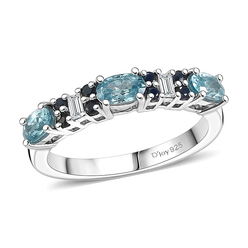 D'Joy Cambodian Blue Zircon and Multi Gemstone 1.30 ctw Eternal Line Radiance Ring in Rhodium Over Sterling Silver (Size 5.0)