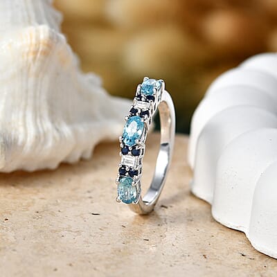 D'Joy Cambodian Blue Zircon and Multi Gemstone 1.30 ctw Eternal Line Radiance Ring in Rhodium Over Sterling Silver (Size 5.0)