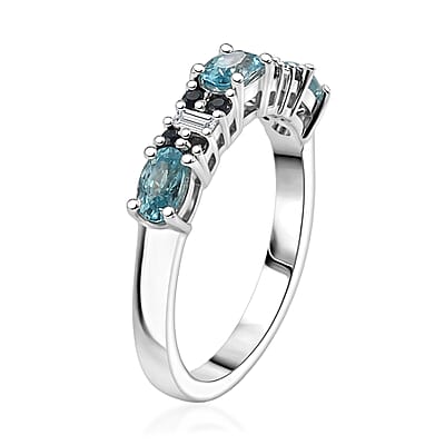 D'Joy Cambodian Blue Zircon and Multi Gemstone 1.30 ctw Eternal Line Radiance Ring in Rhodium Over Sterling Silver (Size 5.0)