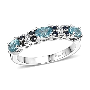 D'Joy Cambodian Blue Zircon and Multi Gemstone 1.30 ctw Eternal Line Radiance Ring in Rhodium Over Sterling Silver (Size 6.0)