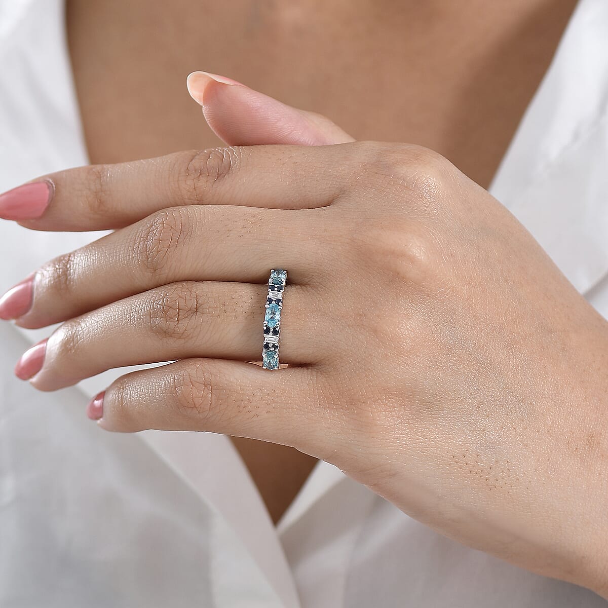 D'Joy Cambodian Blue Zircon and Multi Gemstone 1.30 ctw Eternal Line Radiance Ring in Rhodium Over Sterling Silver (Size 6.0) image number 2