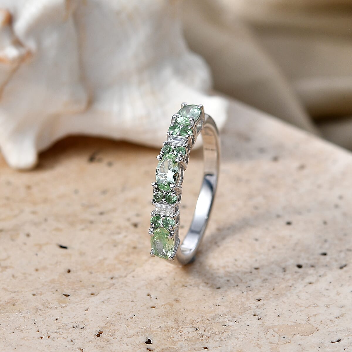 D'Joy Tsavorite Garnet and Moissanite 0.90 ctw Eternal Line Radiance Ring in Rhodium Over Sterling Silver (Size 5.0) image number 1