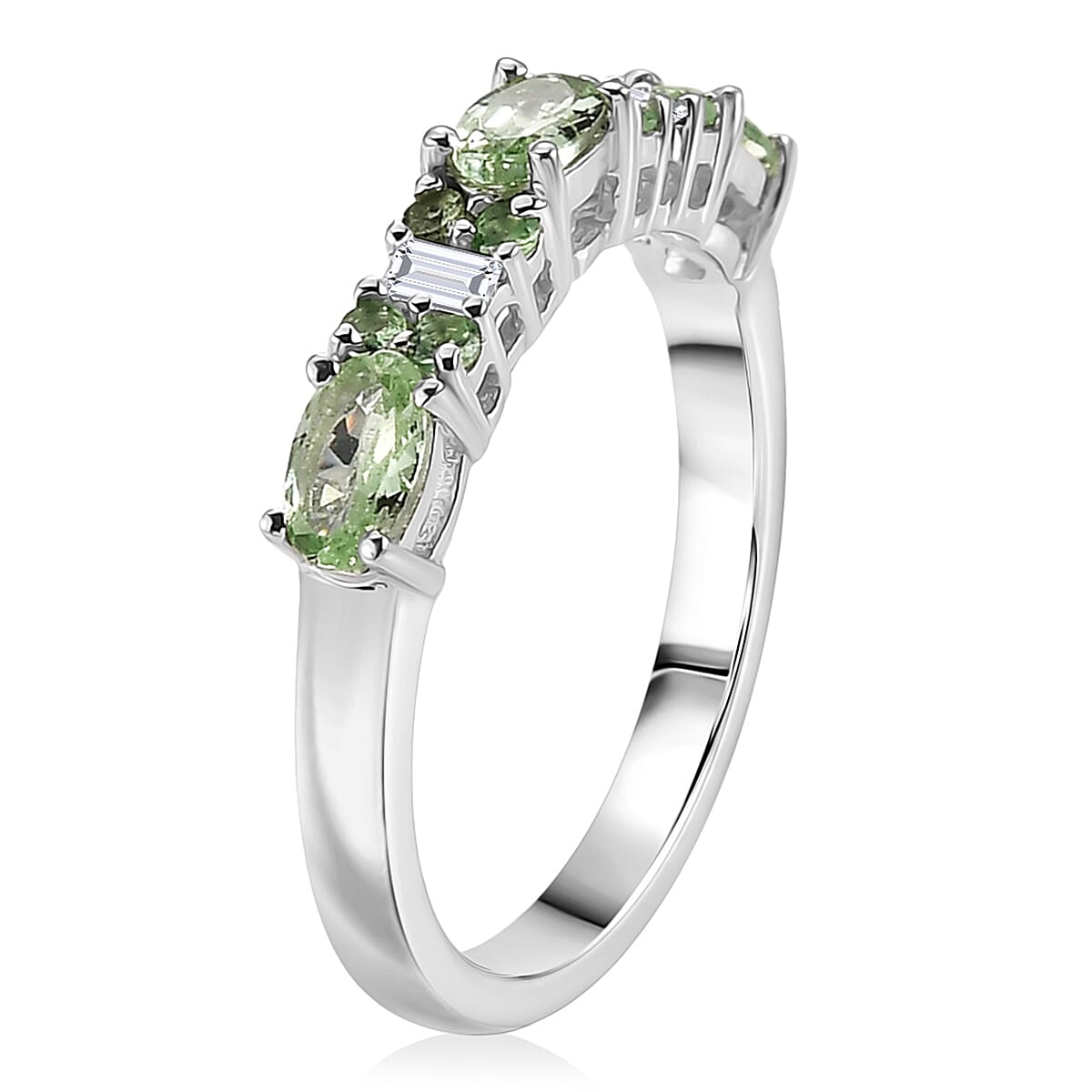 D'Joy Tsavorite Garnet and Moissanite 0.90 ctw Eternal Line Radiance Ring in Rhodium Over Sterling Silver (Size 5.0) image number 3