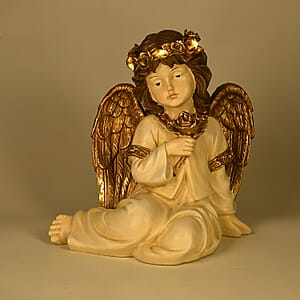 Livmore White Polyresin Sitting Angel Figurine with Lighted Crown (2xAA Battery not Included)