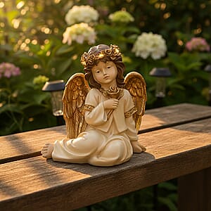 Livmore White Polyresin Sitting Angel Figurine with Lighted Crown (2xAA Battery not Included)