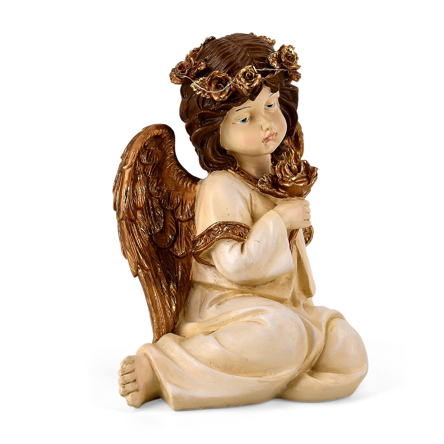 Livmore White Polyresin Sitting Angel Figurine with Lighted Crown (2xAA Battery not Included)
