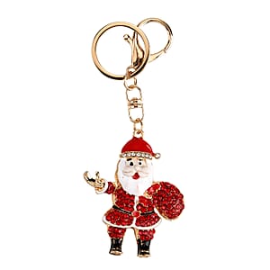 Red and White Austrian Crystal, Enameled Santa Claus Keychain in Goldtone